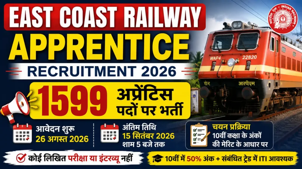 East Coast Railway Apprentice Recruitment 2026: रेलवे में 1599 अप्रेंटिस पदों के लिए आवेदन